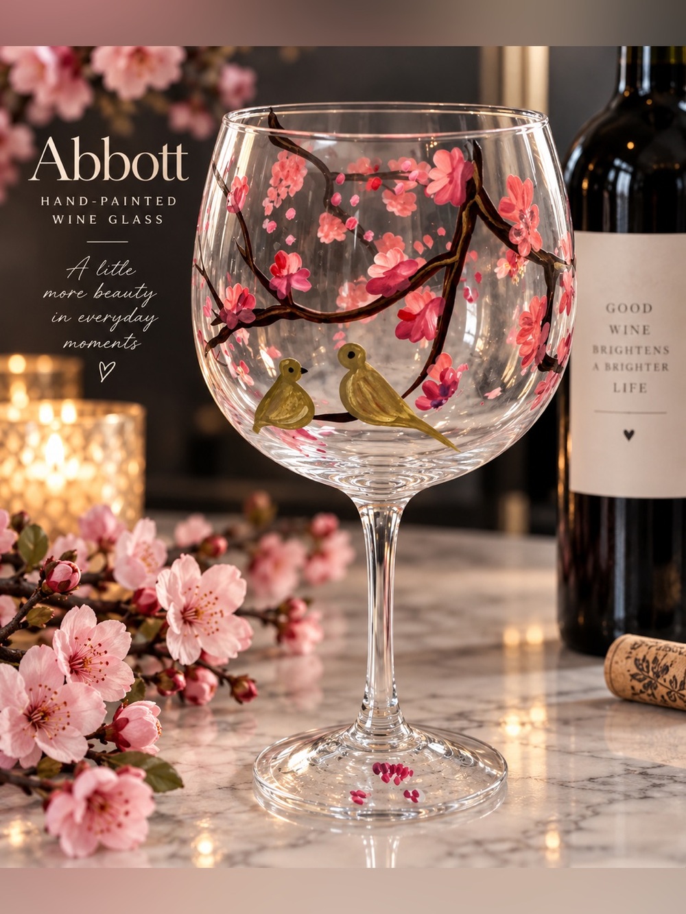 🌸 Hand-Painted Abbott Cherry Blossom Wine Glass